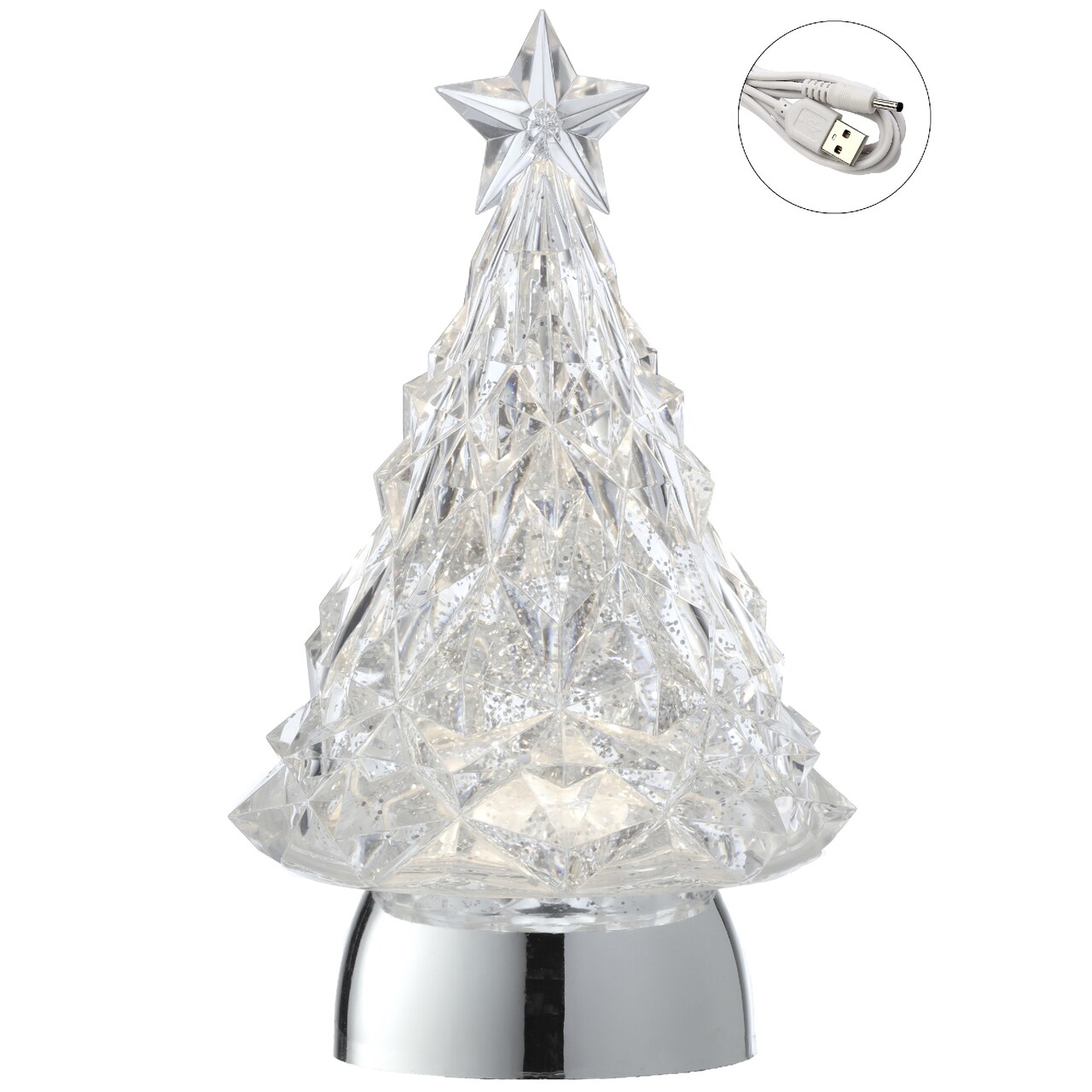 Contemporary Home Living 9" LED Lighted Crystal Christmas Tree Snow Globe with Timer and USB